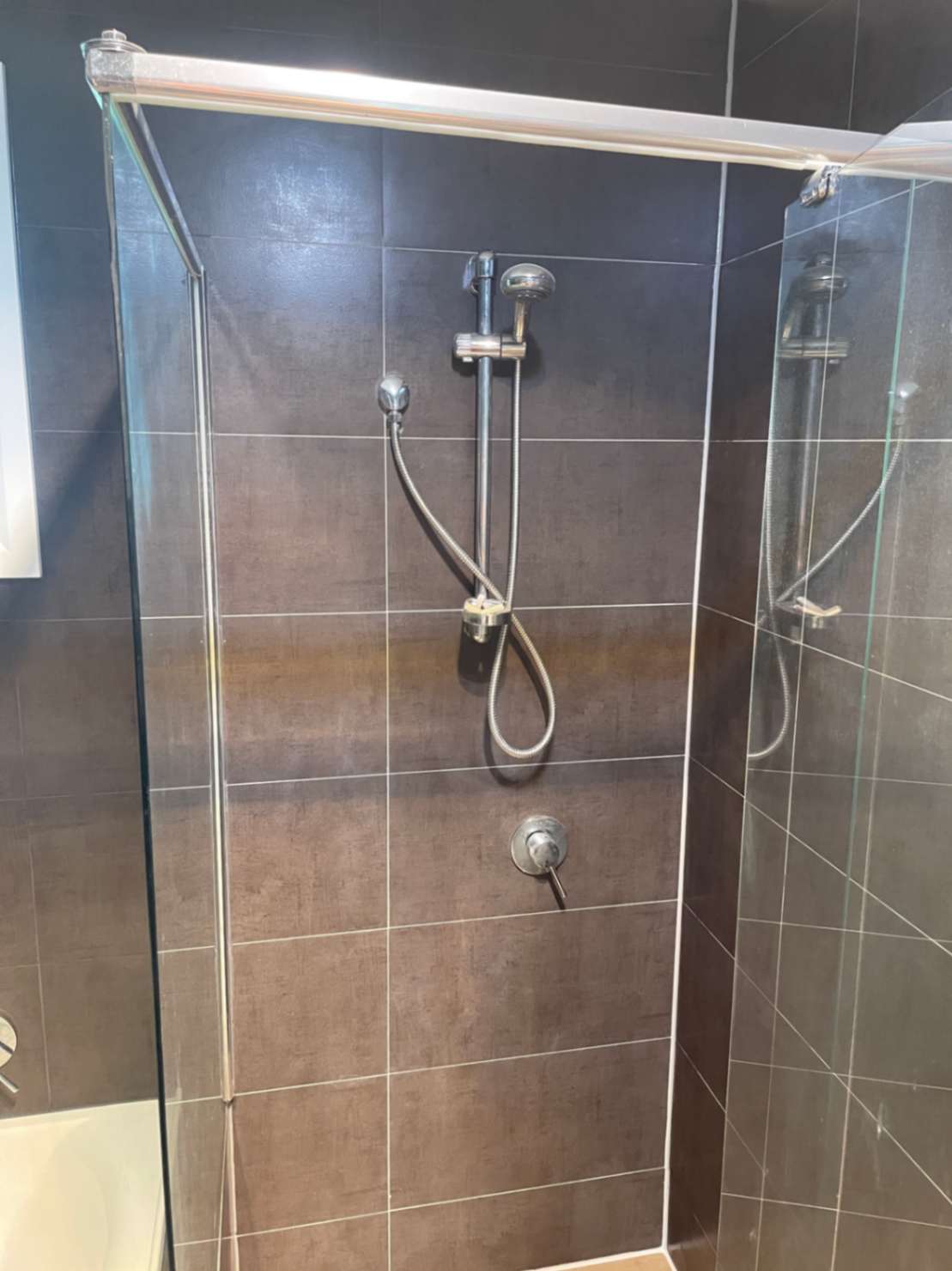 Glass shower screen with handheld shower fixture.