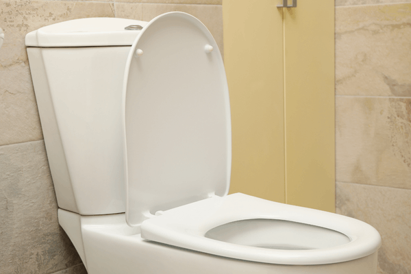 Toilet pan with lifted seat in a tiled bathroom, showing the floor flange area